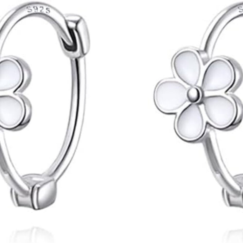 Solid 925 Sterling Silver Flower Hoop Earrings Huggie for Women Teen Girls Daisy - Picture 1 of 8